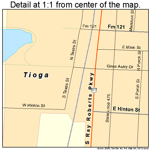 Tioga, Texas road map detail