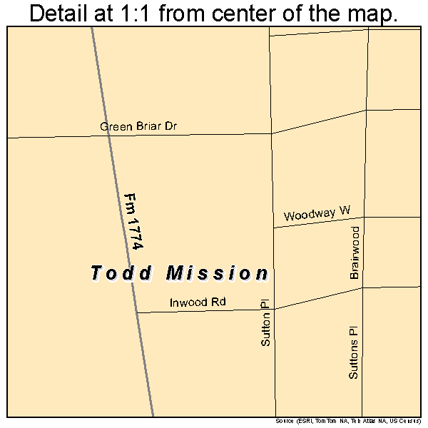 Todd Mission, Texas road map detail