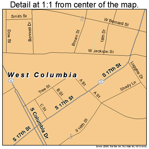 West Columbia, Texas road map detail