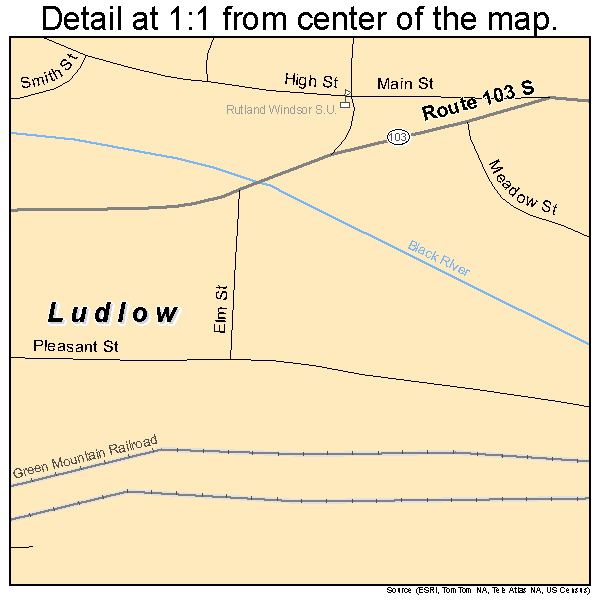 Ludlow, Vermont road map detail