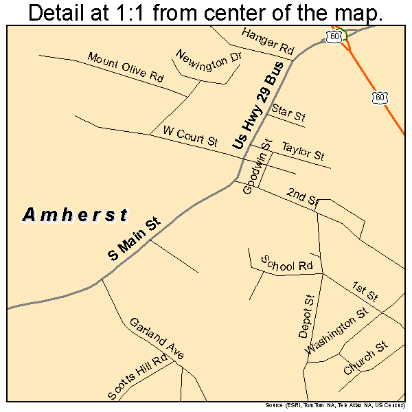 Amherst, Virginia road map detail