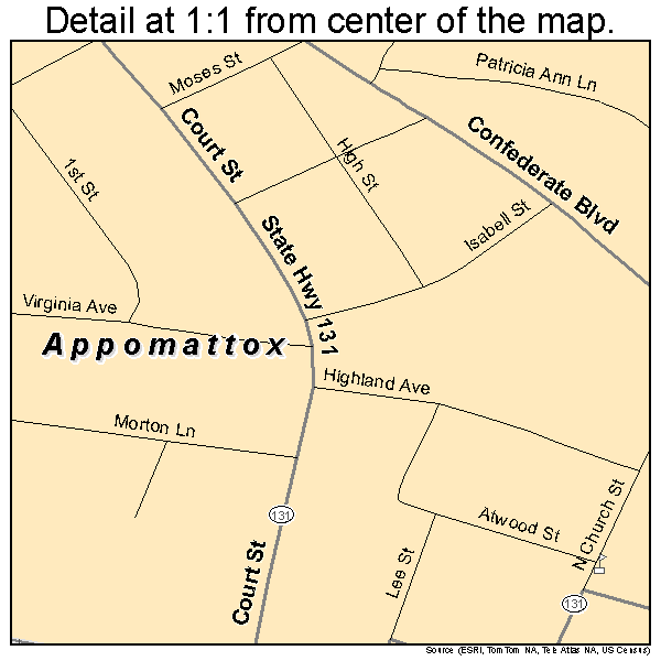 Appomattox, Virginia road map detail
