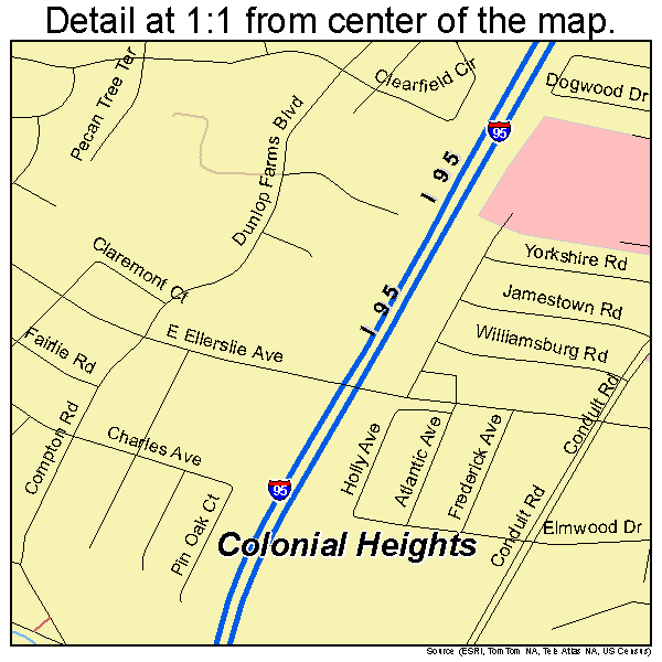 Colonial Heights, Virginia road map detail