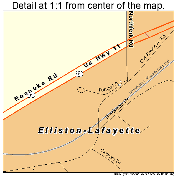 Elliston-Lafayette, Virginia road map detail