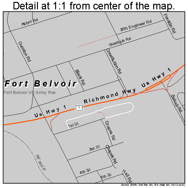 Fort Belvoir, Virginia road map detail