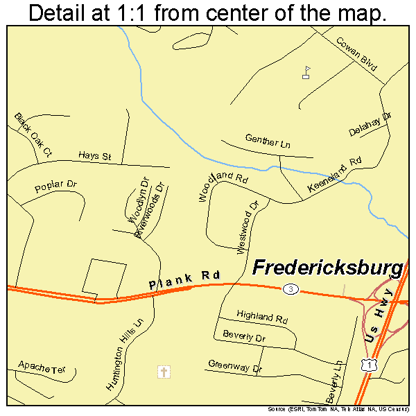 Fredericksburg, Virginia road map detail