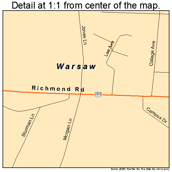 Warsaw, Virginia road map detail