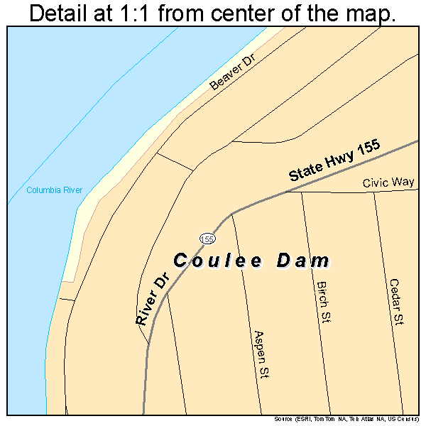 Coulee Dam, Washington road map detail