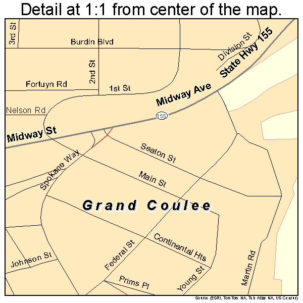 Grand Coulee, Washington road map detail