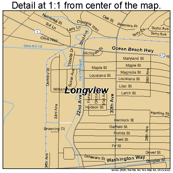 Longview, Washington road map detail