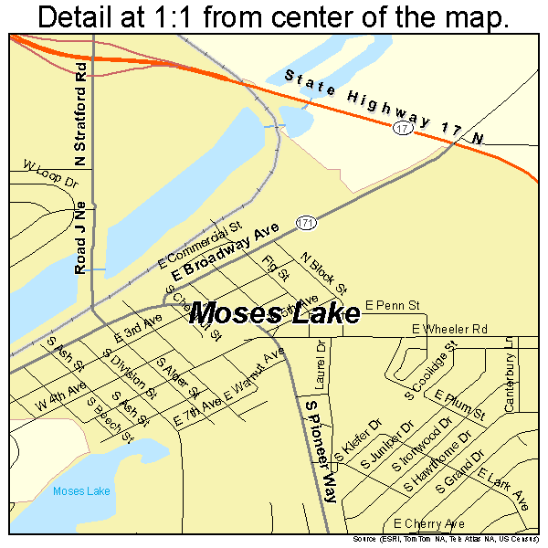 Moses Lake, Washington road map detail