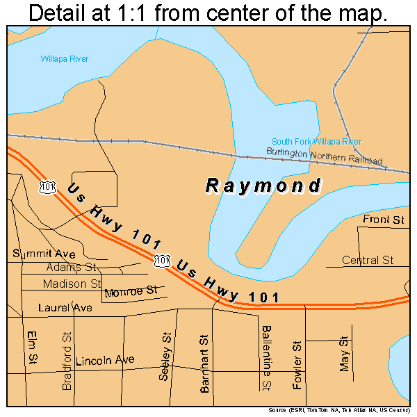 Raymond, Washington road map detail
