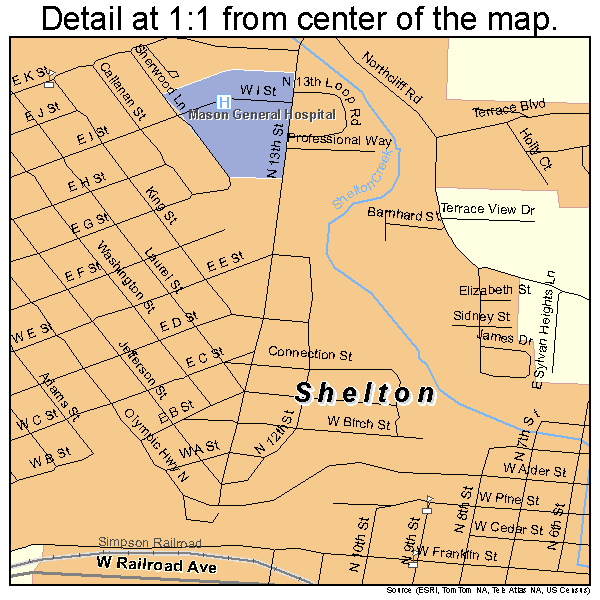 Shelton, Washington road map detail
