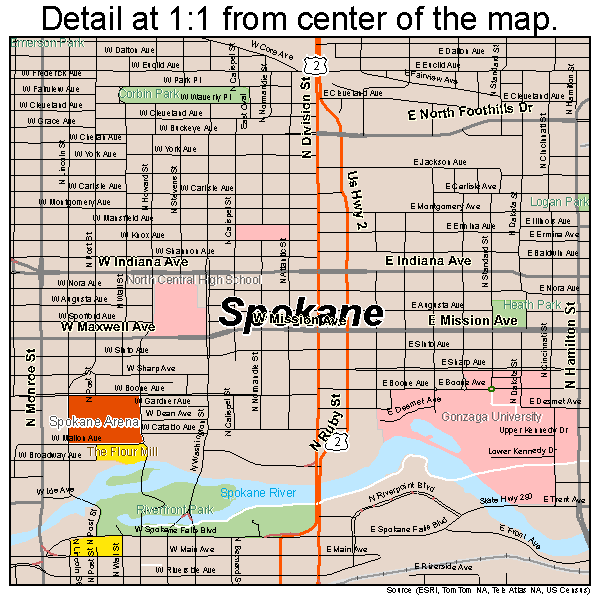 Spokane, Washington road map detail
