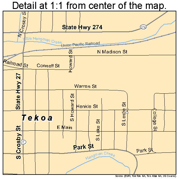 Tekoa, Washington road map detail