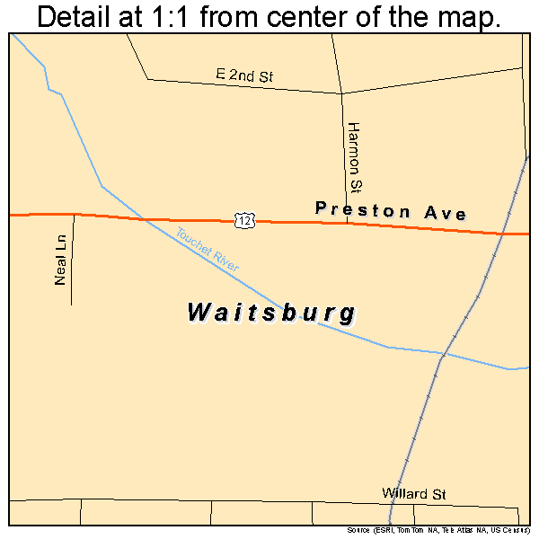 Waitsburg, Washington road map detail