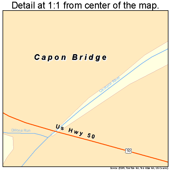 Capon Bridge, West Virginia road map detail