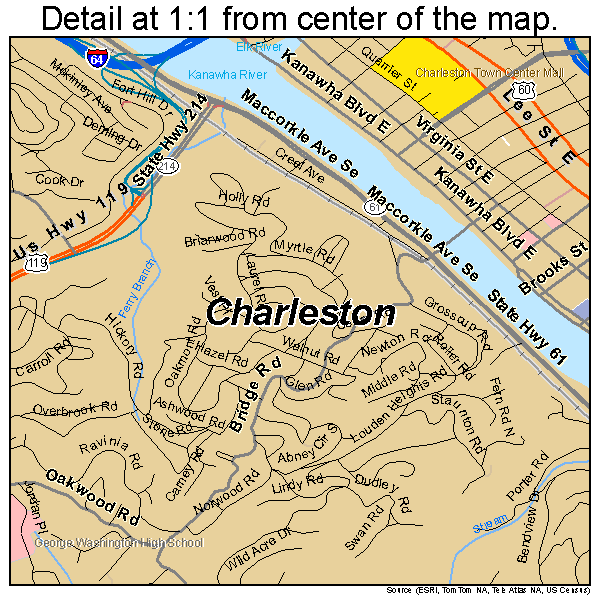 Charleston, West Virginia road map detail