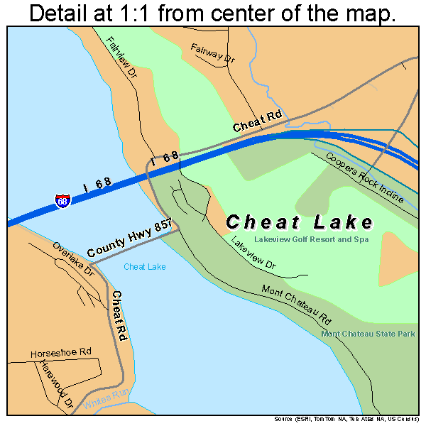 Cheat Lake, West Virginia road map detail