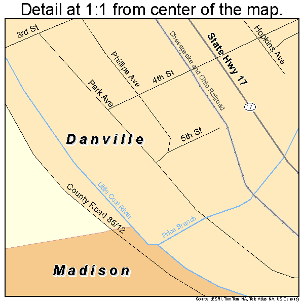 Danville, West Virginia road map detail