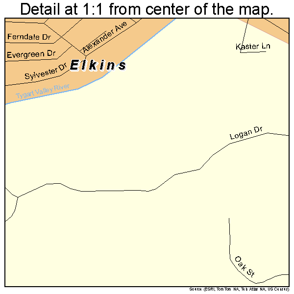 Elkins, West Virginia road map detail