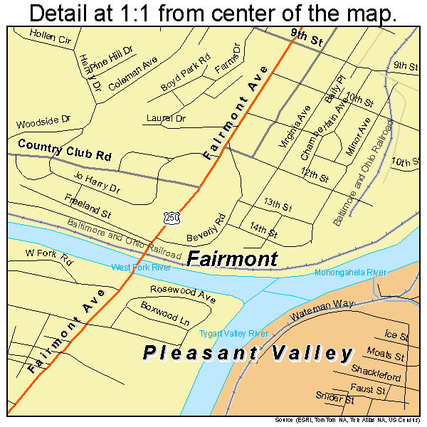 Fairmont, West Virginia road map detail
