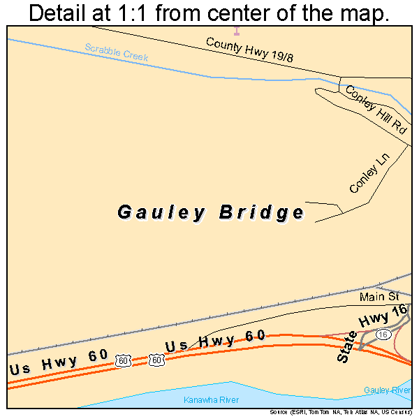 Gauley Bridge, West Virginia road map detail