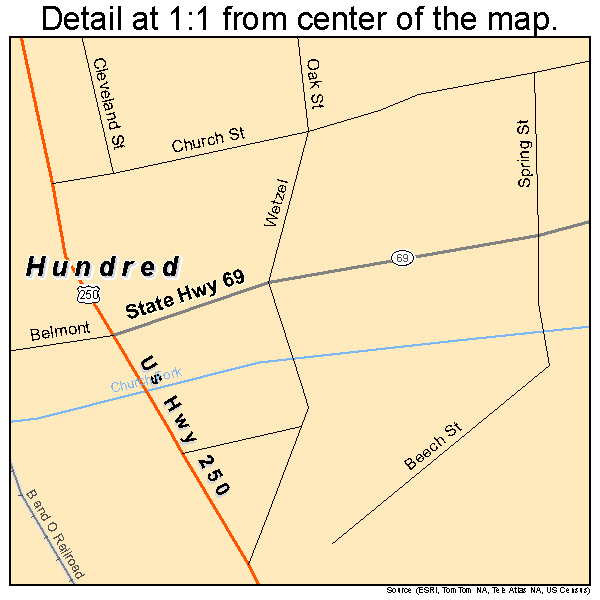 Hundred, West Virginia road map detail