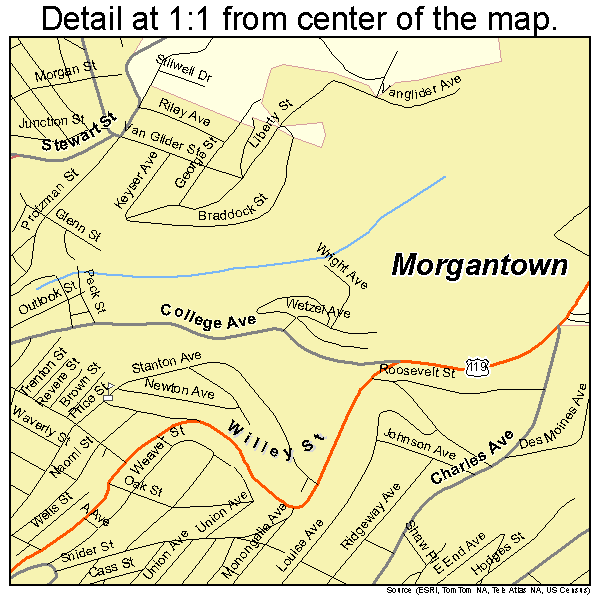 Morgantown, West Virginia road map detail