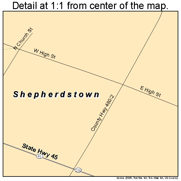 Shepherdstown, West Virginia road map detail