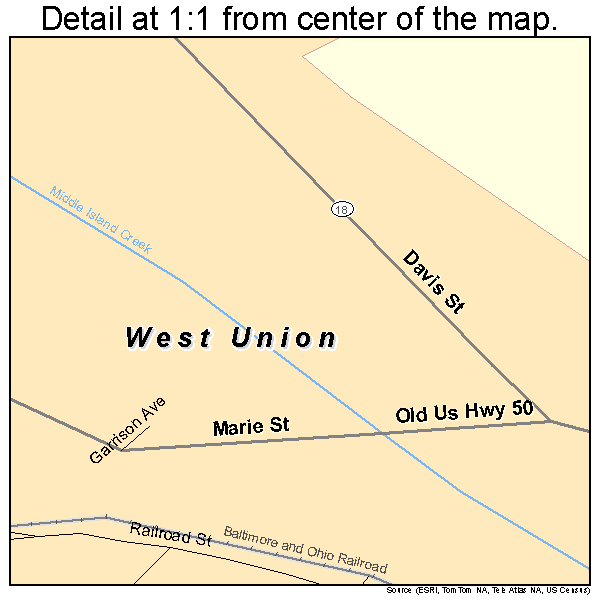 West Union, West Virginia road map detail