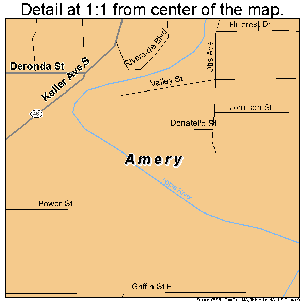 Amery, Wisconsin road map detail