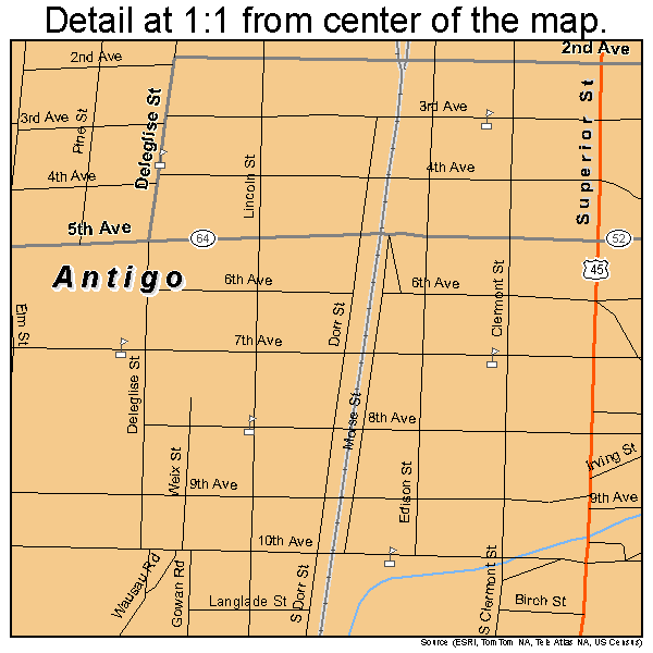Antigo, Wisconsin road map detail