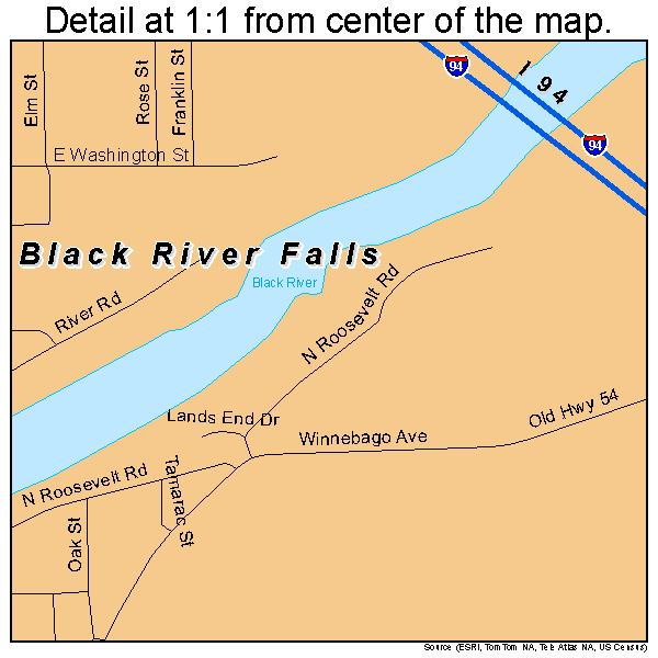 Black River Falls, Wisconsin road map detail