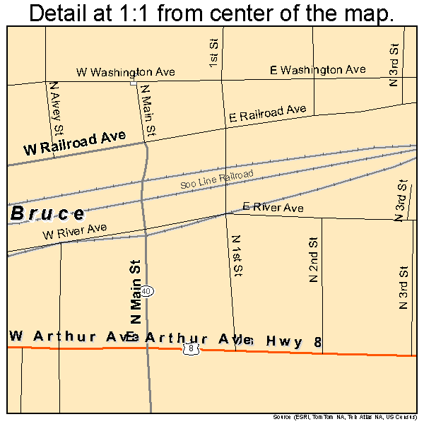 Bruce, Wisconsin road map detail