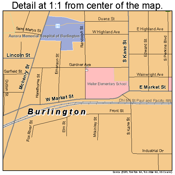 Burlington, Wisconsin road map detail