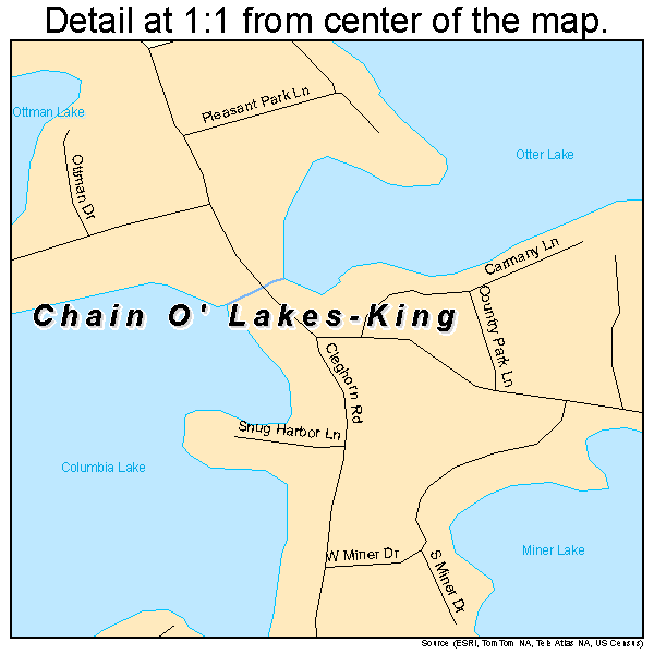 Chain O' Lakes-King, Wisconsin road map detail