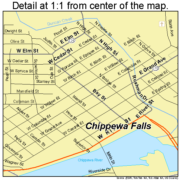 Chippewa Falls, Wisconsin road map detail