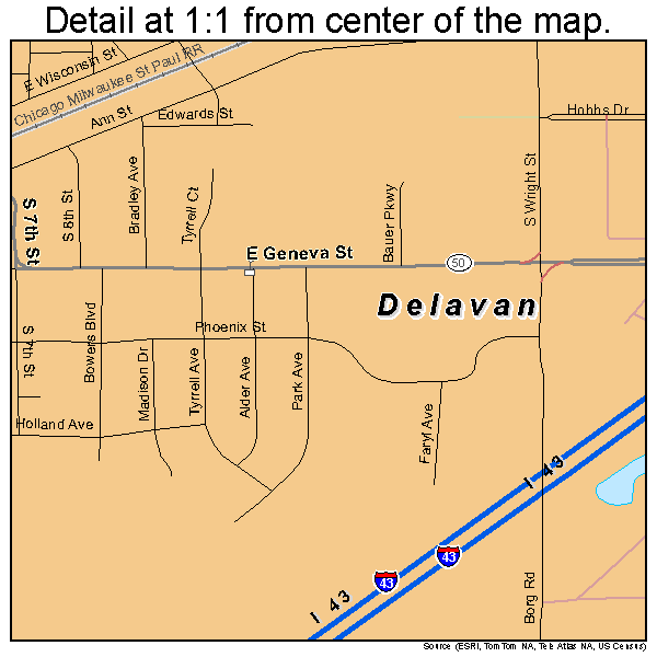 Delavan, Wisconsin road map detail
