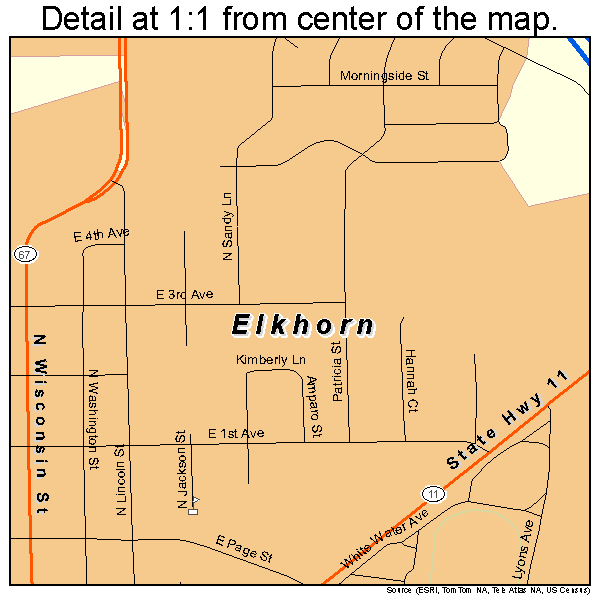 Elkhorn, Wisconsin road map detail