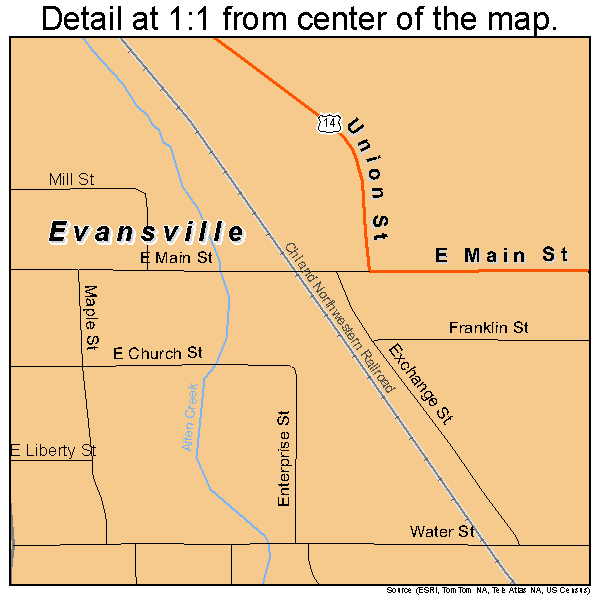 Evansville, Wisconsin road map detail