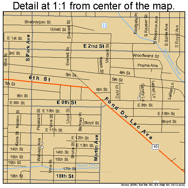 Fond du Lac, Wisconsin road map detail