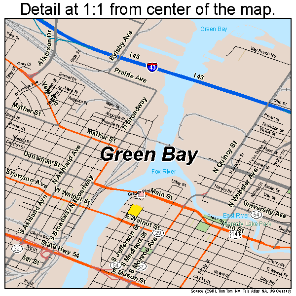 Green Bay, Wisconsin road map detail
