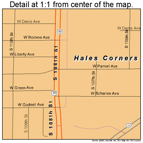 Hales Corners, Wisconsin road map detail