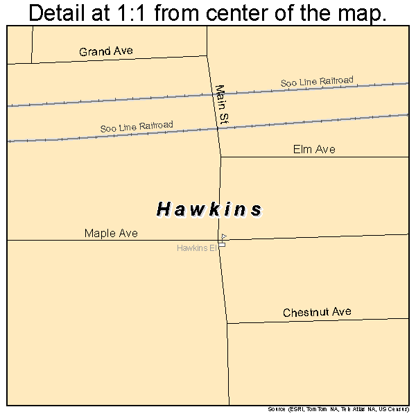 Hawkins, Wisconsin road map detail