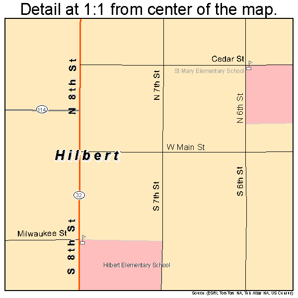 Hilbert, Wisconsin road map detail