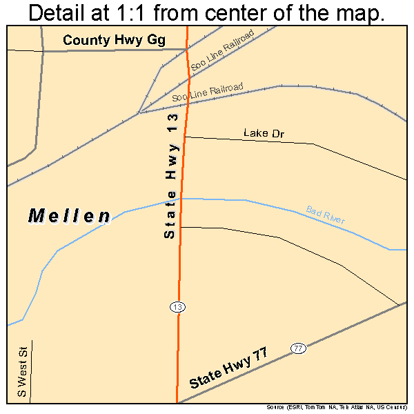 Mellen, Wisconsin road map detail