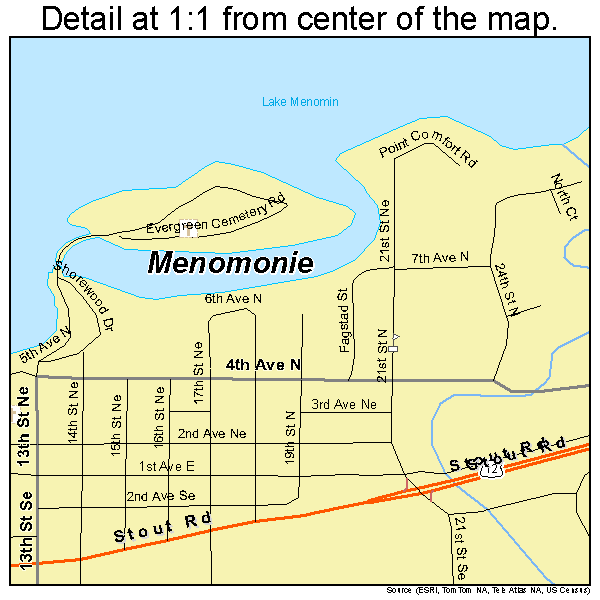 Menomonie, Wisconsin road map detail