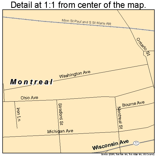 Montreal, Wisconsin road map detail