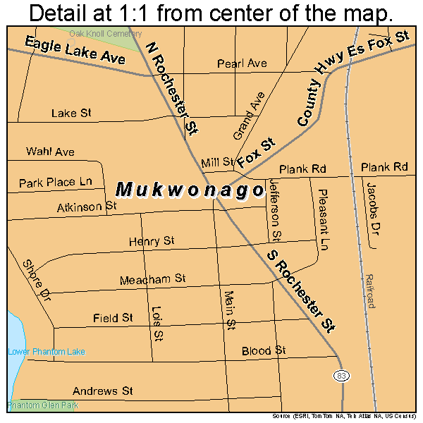 Mukwonago, Wisconsin road map detail